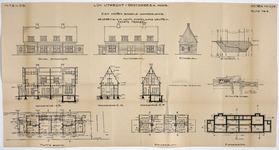 854362 Aanzichten, doorsneden, plattegronden, situatie en dwarsprofiel van de te bouwen houten dubbele wachterswoning ...